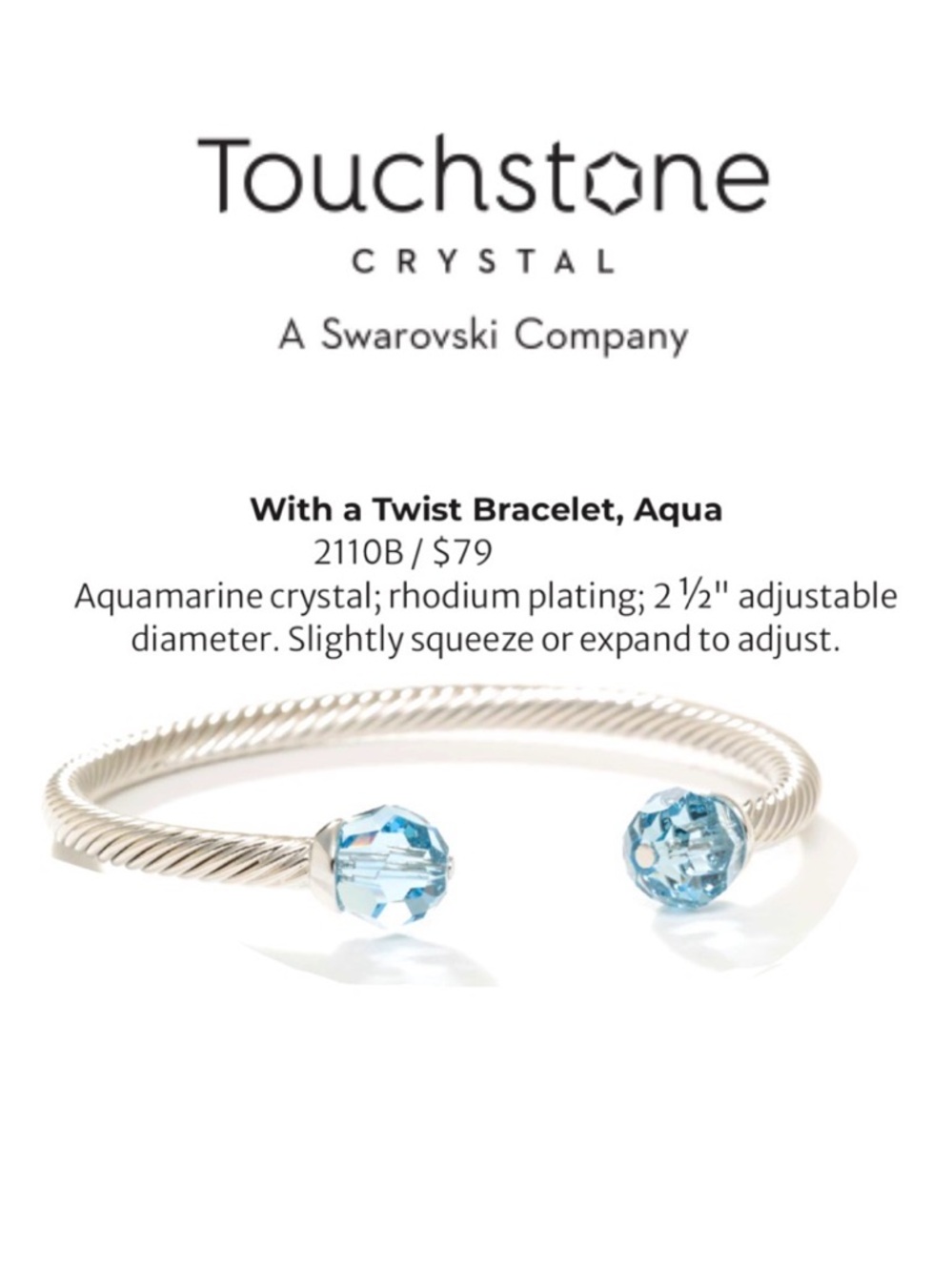 Swarovski TSC Aquamarine Twisted Silver Open Cuff Bracelet